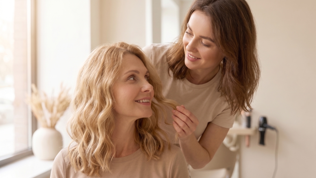 Stylist consulting client on flattering face shape haircut