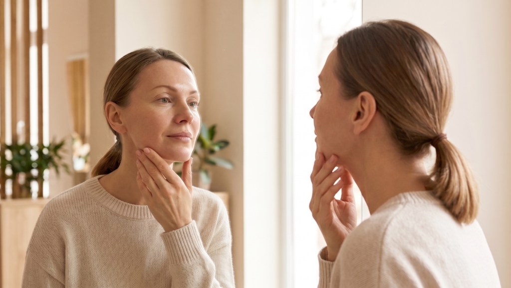 Woman checking face shape in mirror before haircut