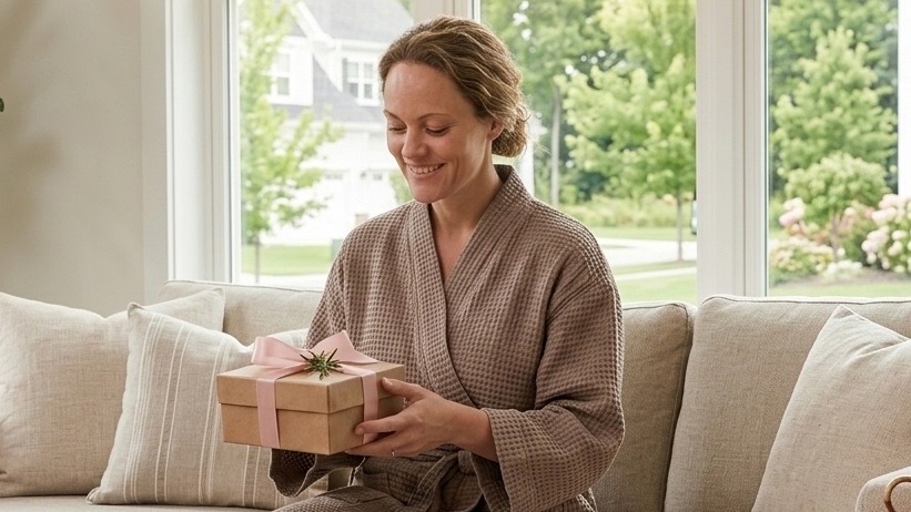 Woman in a spa robe holding a wrapped gift box