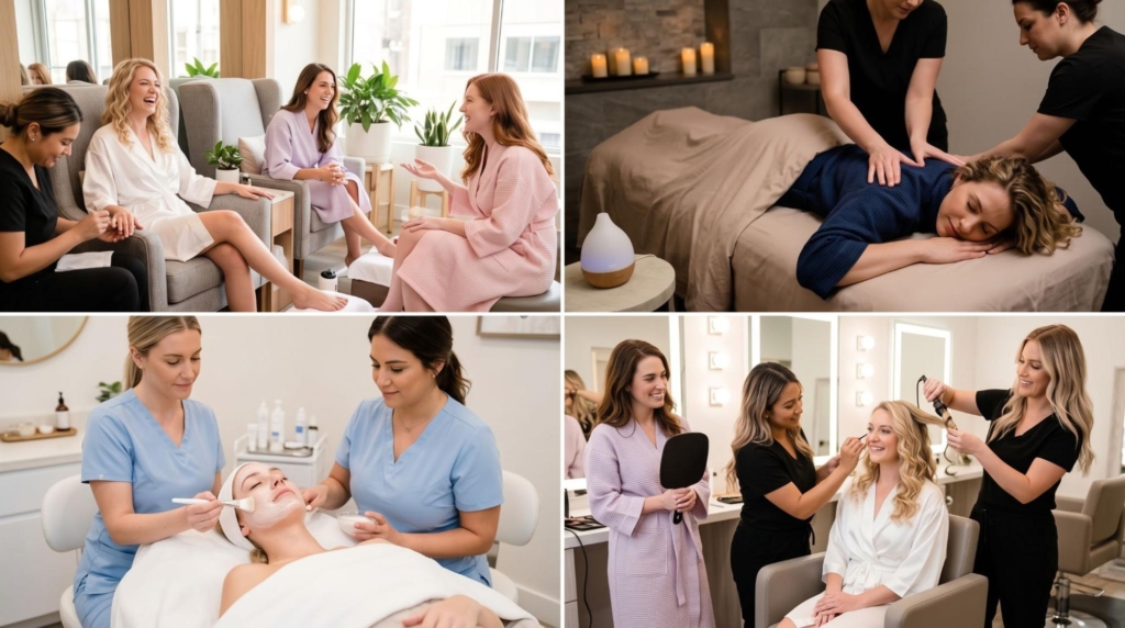 Collage of spa treatments including pedicures, massage, facials, and hairstyling