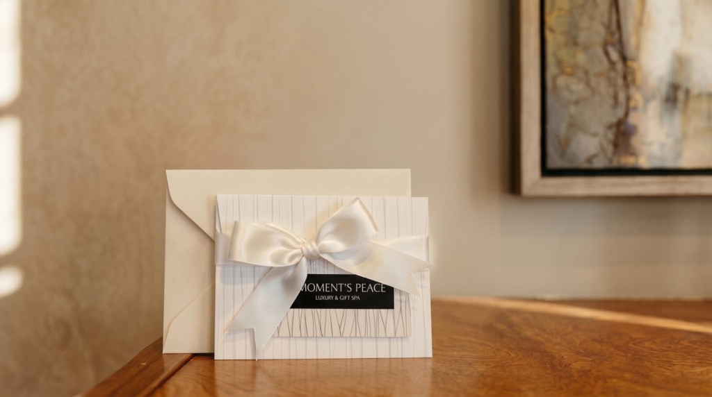 A Moment's Peace spa gift certificate displayed with a decorative ribbon