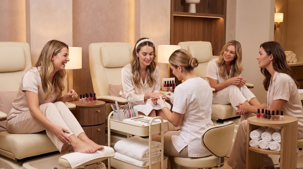Group of women enjoying pedicure treatments together at a day spa